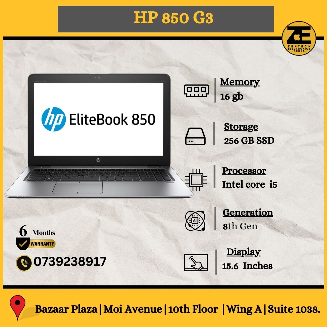 HP EliteBook 850 G3 Laptop with a silver finish, displaying the HP logo on the screen, and showing its keyboard and trackpad. Key specifications like memory, storage, processor, and display size are highlighted.